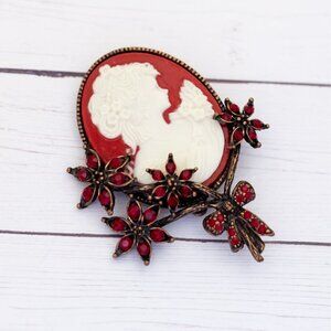 Vintage Adorable Lady Cameo Silhouette Red Rhinestones Floral Brooch - S36